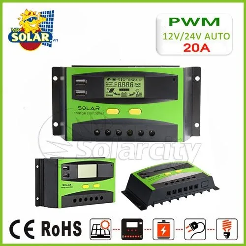 Điều khiển sạc pin mặt trời PWM 20A LCD + hiển thị Ampe tại Bình Thuận
